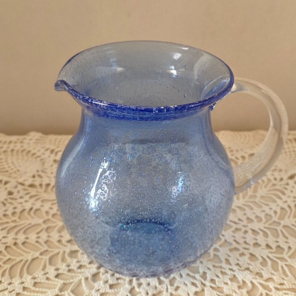 Vintage Cobalt Handblown Bubble Glass Pitcher With Clear Applied Handle - Picture 7 of 16